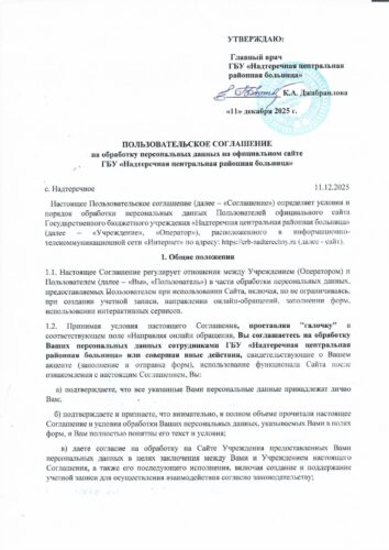 Пользовательское соглашение на обработку персональных данных на официальном сайте.